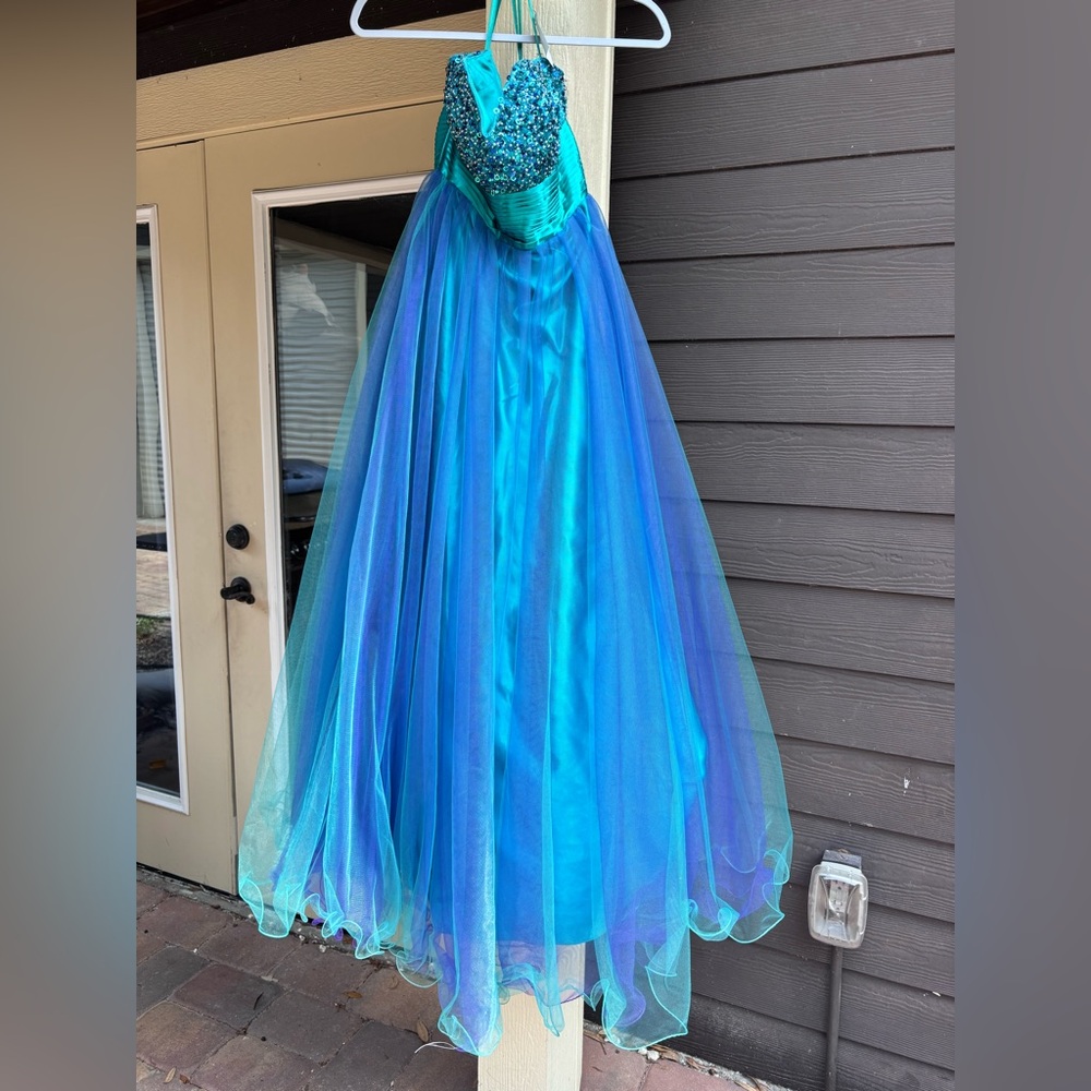 Cecily Brown womens prom ball gown formal strapless sequin dress teal/blue S